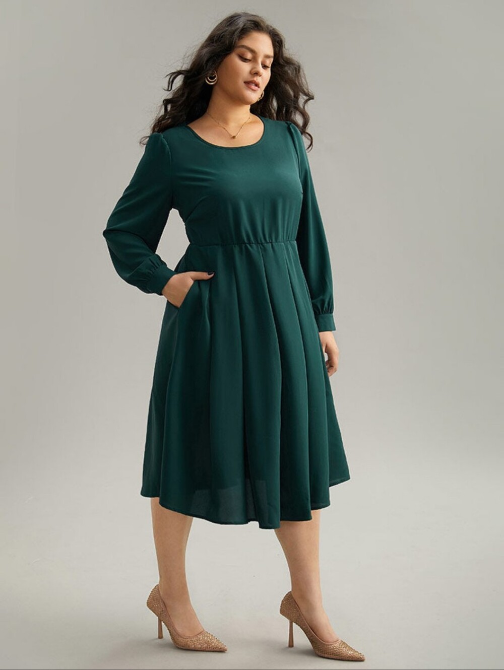 Bloomchic Static-Free Plain Pleated Pocket Dress, Dark Green, 2X, BNWT - Picture 4 of 11